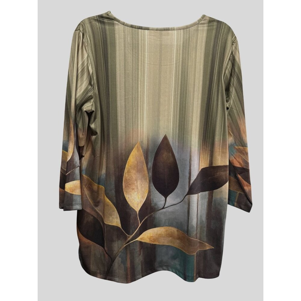 Serengeti Womens Large Green Top With Abstract Leaf Pattern 3/4 Sleeves - Picture 3 of 7